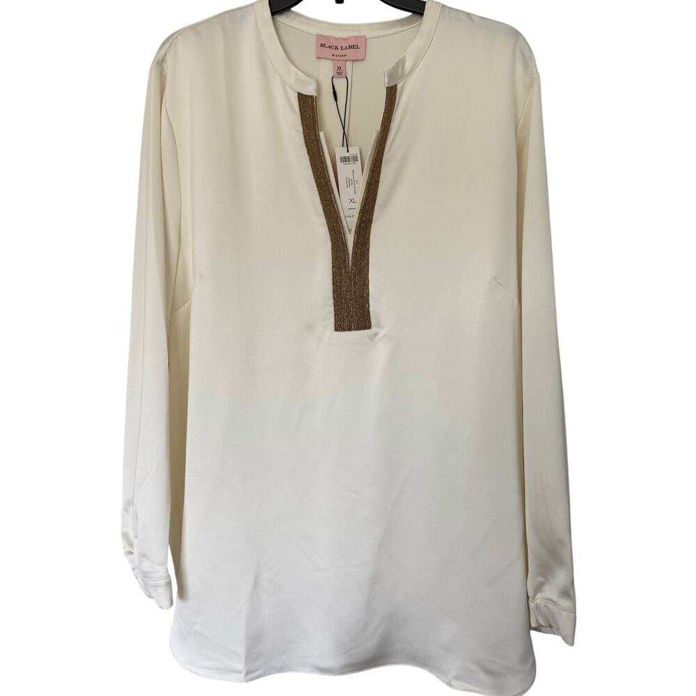 Black Label by Chico's XL Embellished Trim Satin Tunic Blouse NWT Quiet Luxury